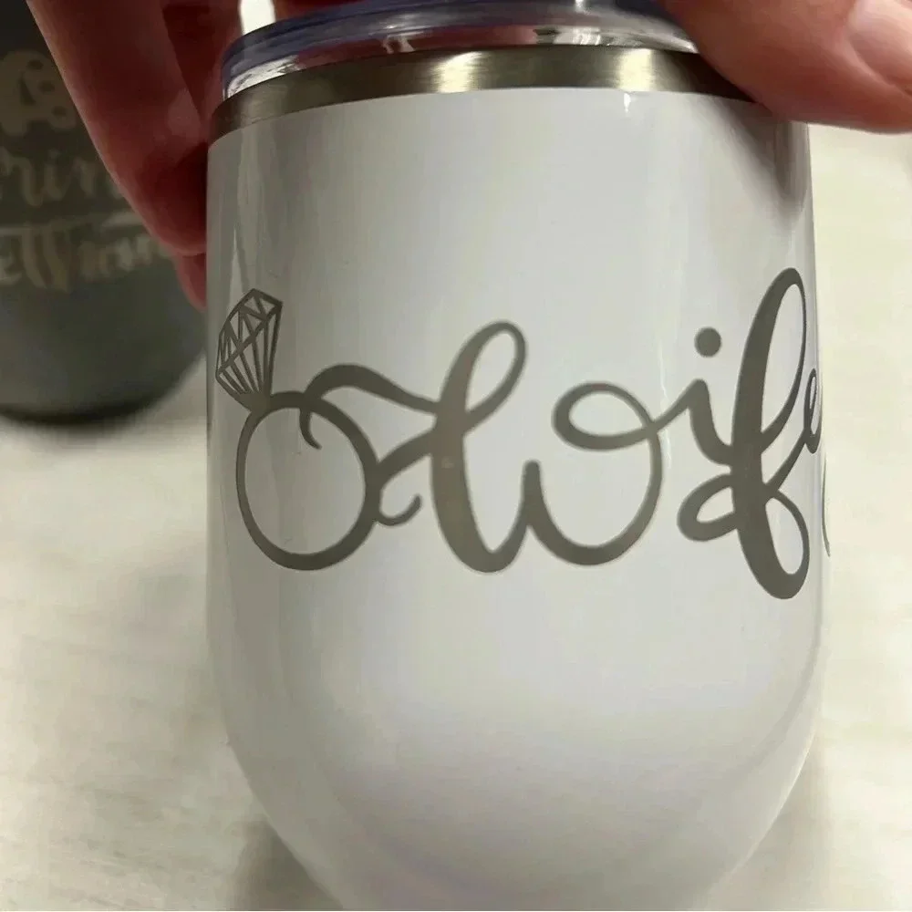 NWOT (LOT of 3) Engraved 12 oz Wine Tumblers White Gray‎